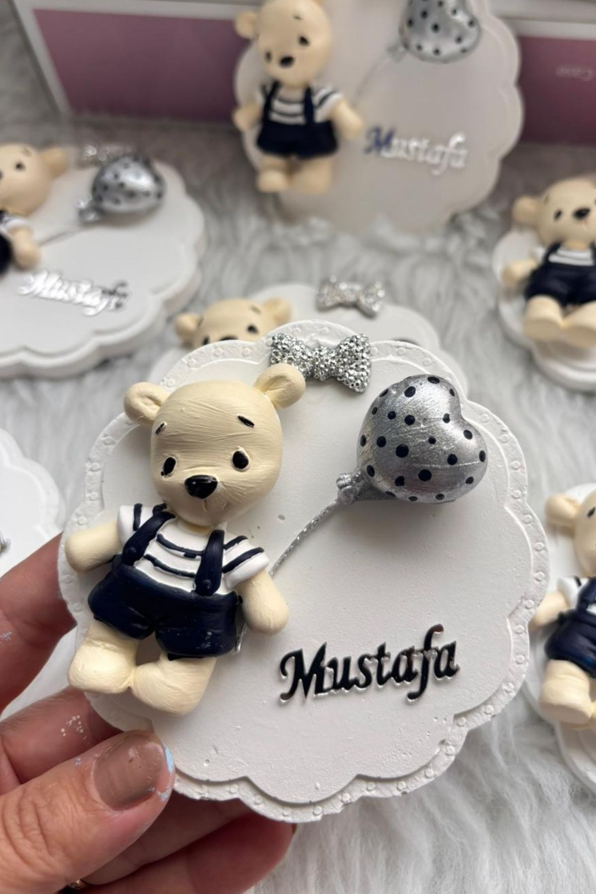  Erkek Bebek Ayıcık Magnet Hediyelik | Gri Balonlu İsimli Baby Shower & Doğum Magnet 20 Adet