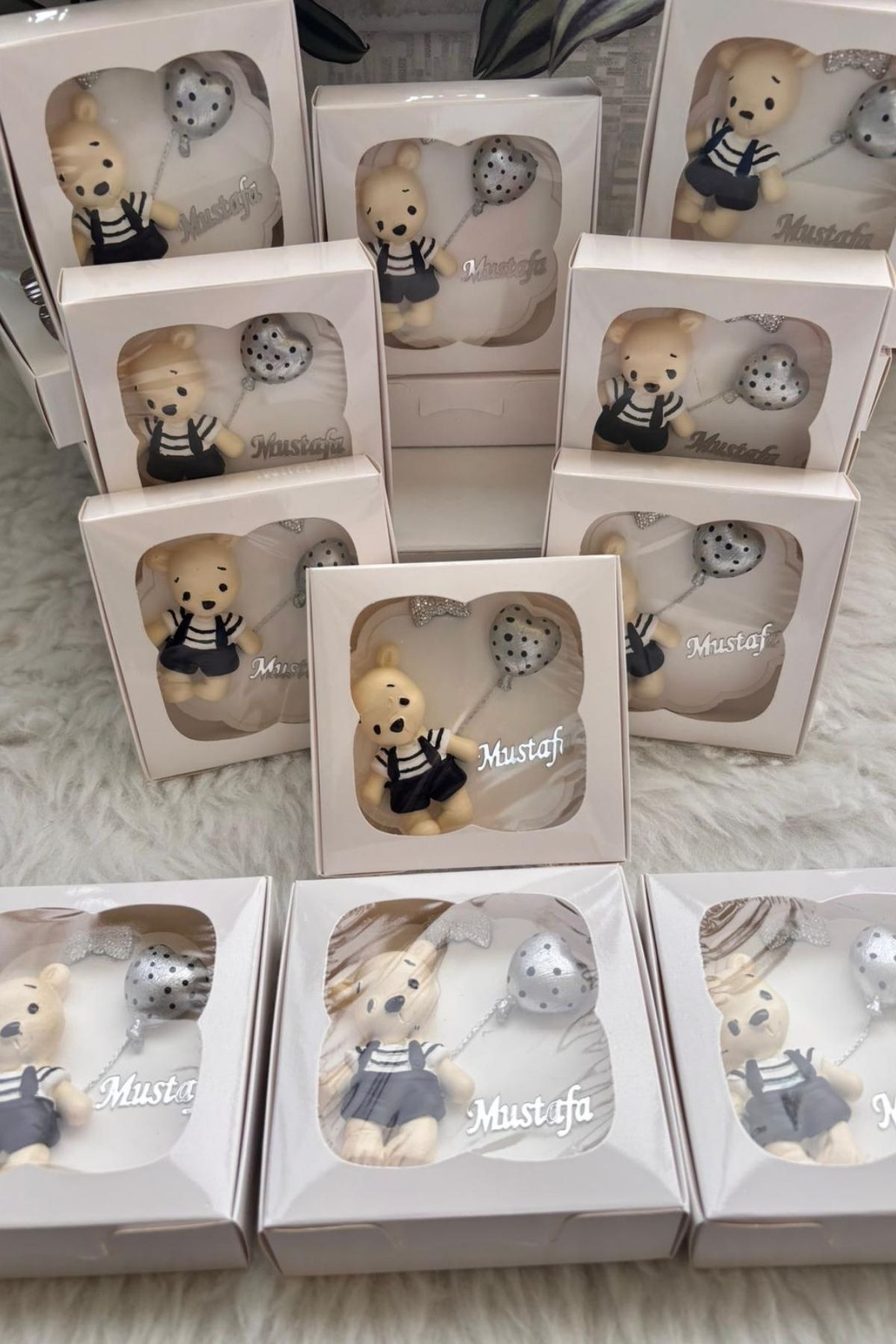  Erkek Bebek Ayıcık Magnet Hediyelik | Gri Balonlu İsimli Baby Shower & Doğum Magnet 20 Adet