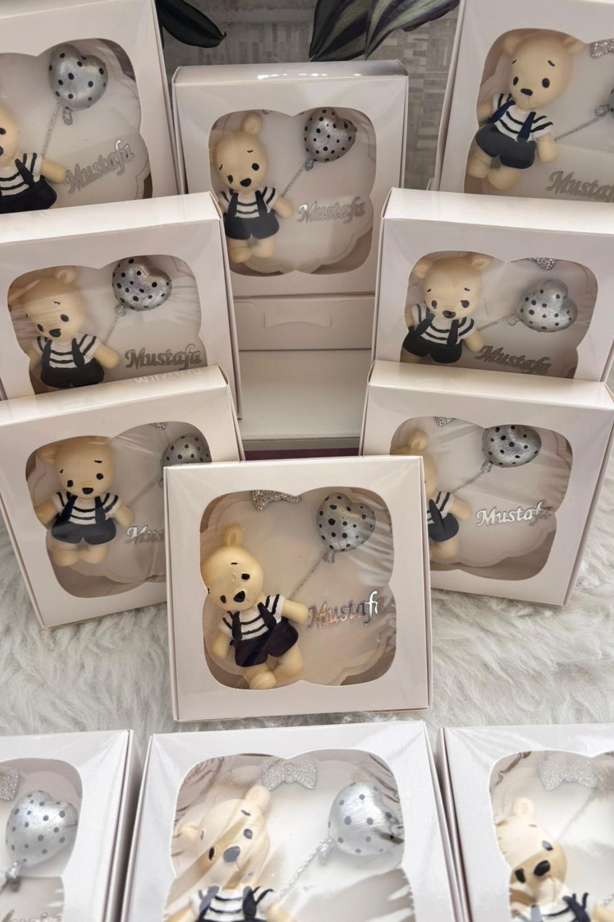  Erkek Bebek Ayıcık Magnet Hediyelik | Gri Balonlu İsimli Baby Shower & Doğum Magnet 20 Adet