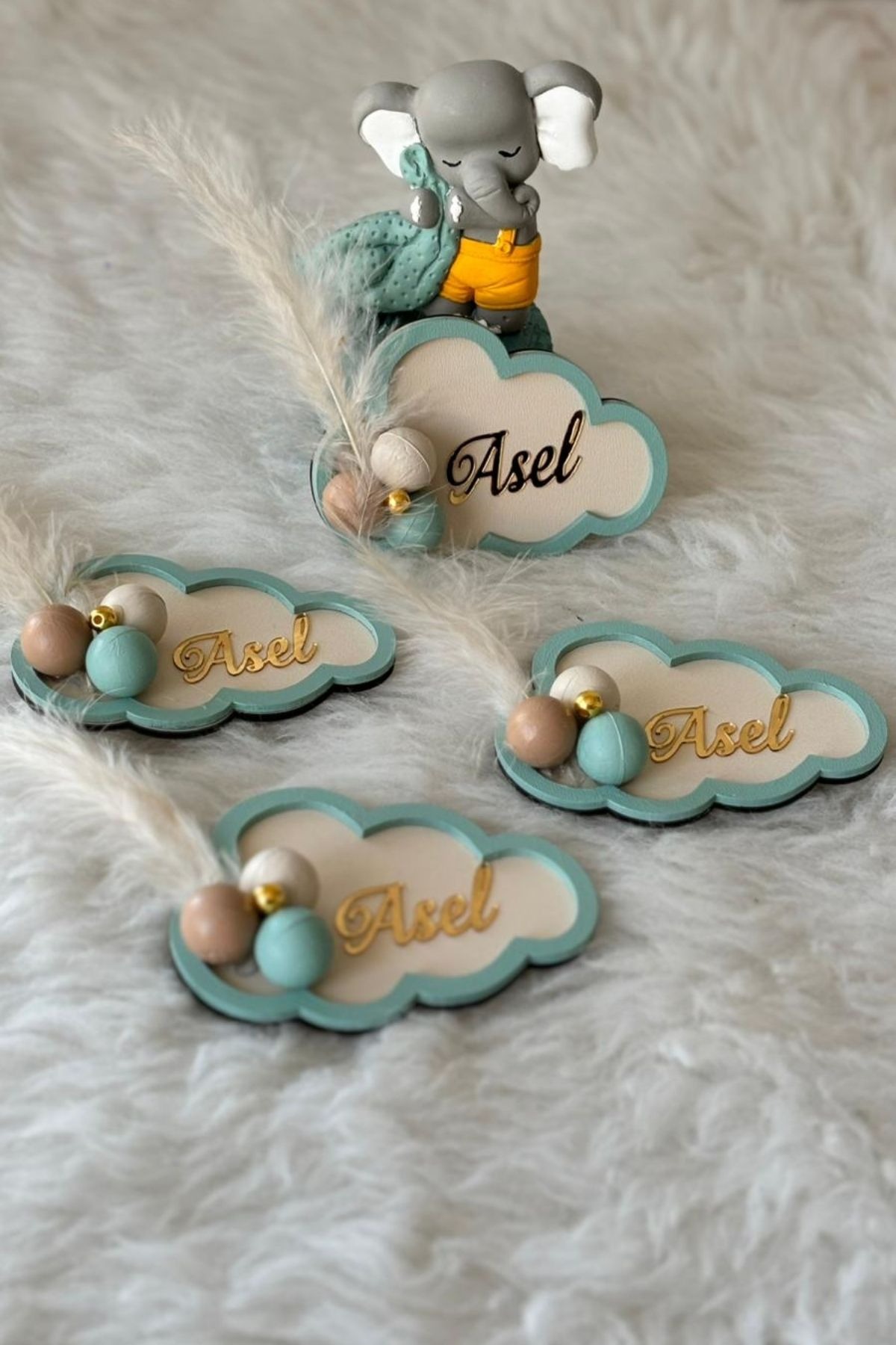 Bulut İsimli Magnet + 1 Adet Fil Küp İsimlik Hediye | Bebek Hediyelik Set 20 Adet 