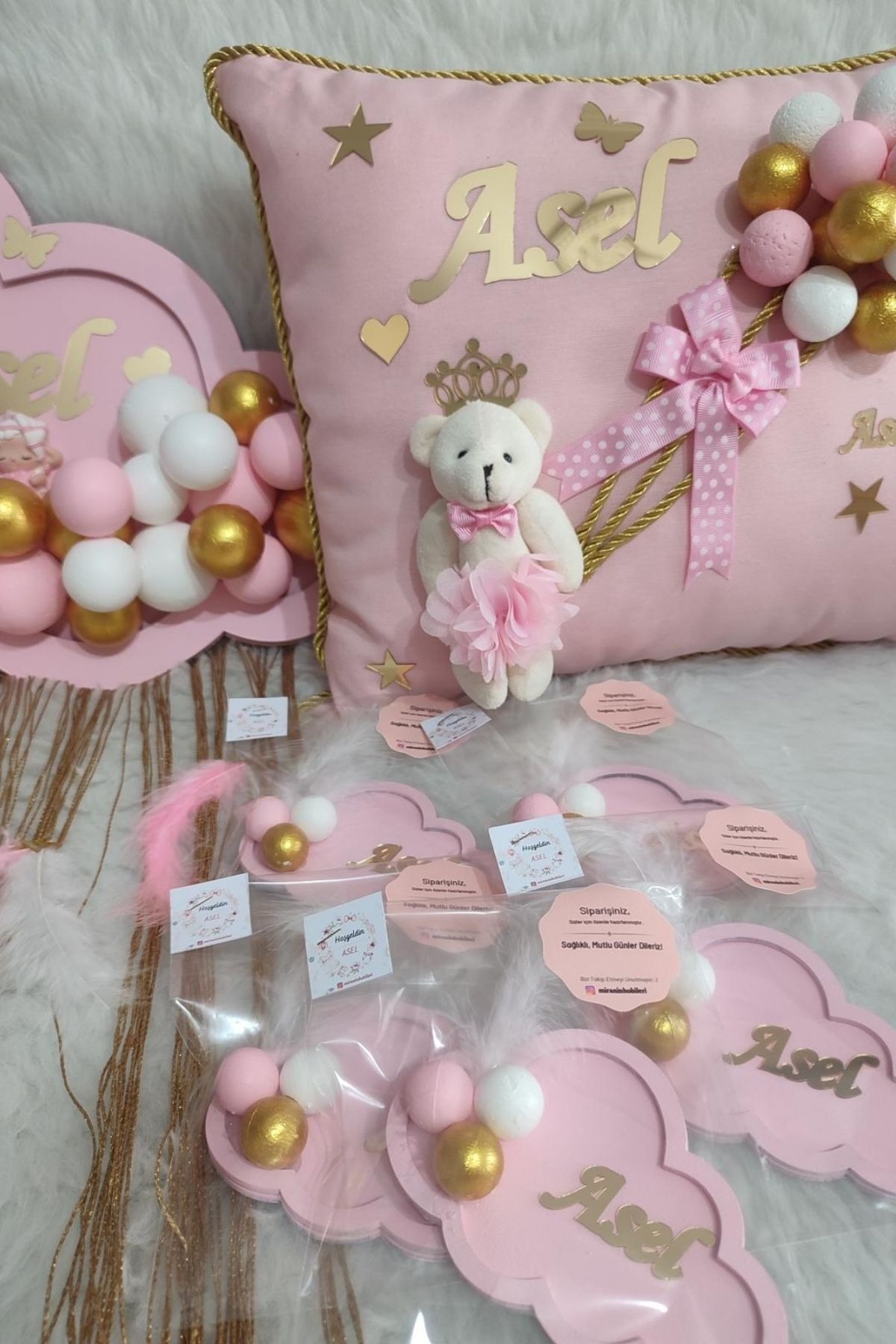 Pembe Bulut Set | 20 Magnet + İsimli Pano + Takı Yastığı