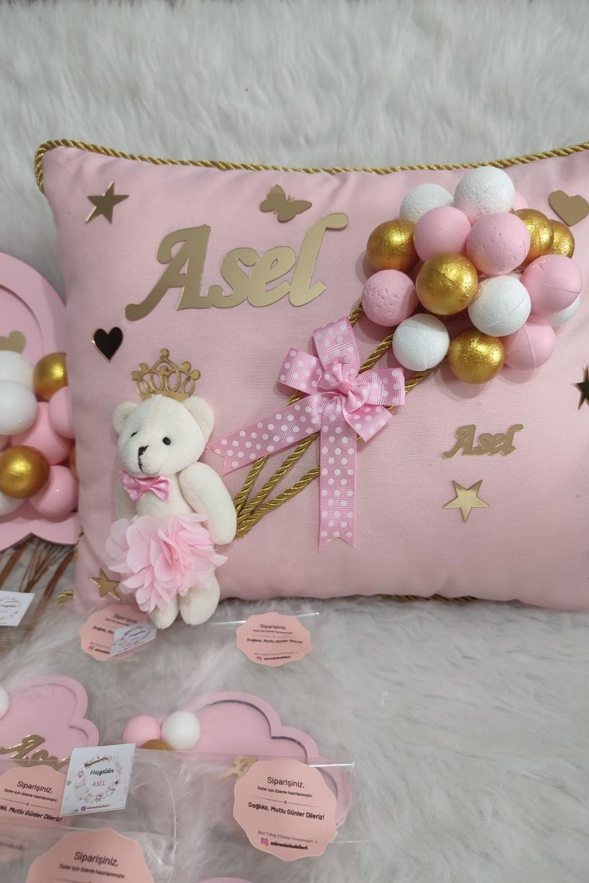  Pembe Bulut Set | 20 Magnet + İsimli Pano + Takı Yastığı