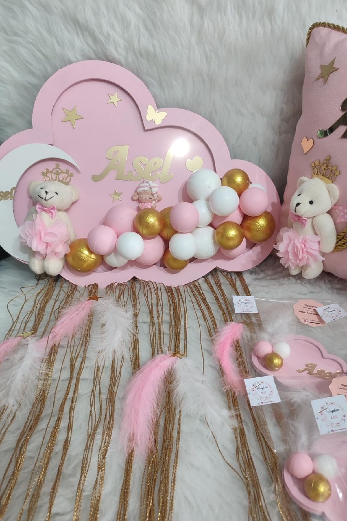  Pembe Bulut Set | 20 Magnet + İsimli Pano + Takı Yastığı