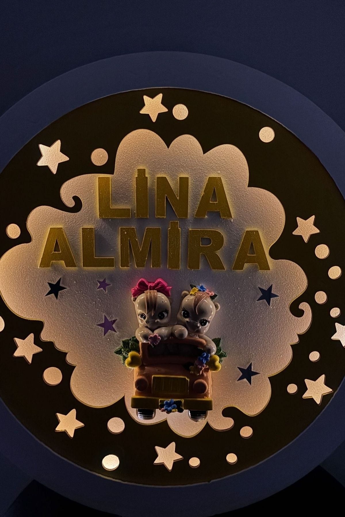 LED Işıklı Bebek Kapı Süsü 40 cm | İsimli Ahşap Pano