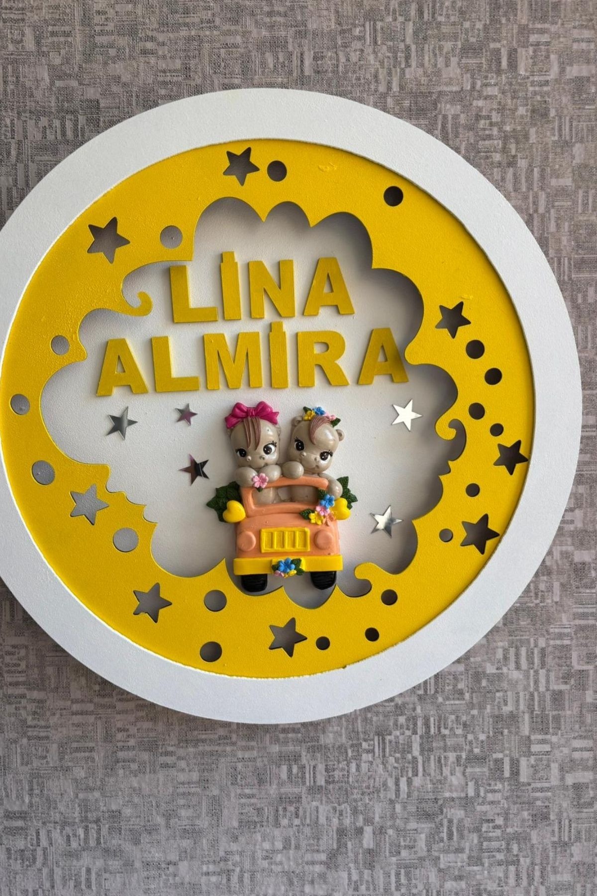 LED Işıklı Bebek Kapı Süsü 40 cm | İsimli Ahşap Pano