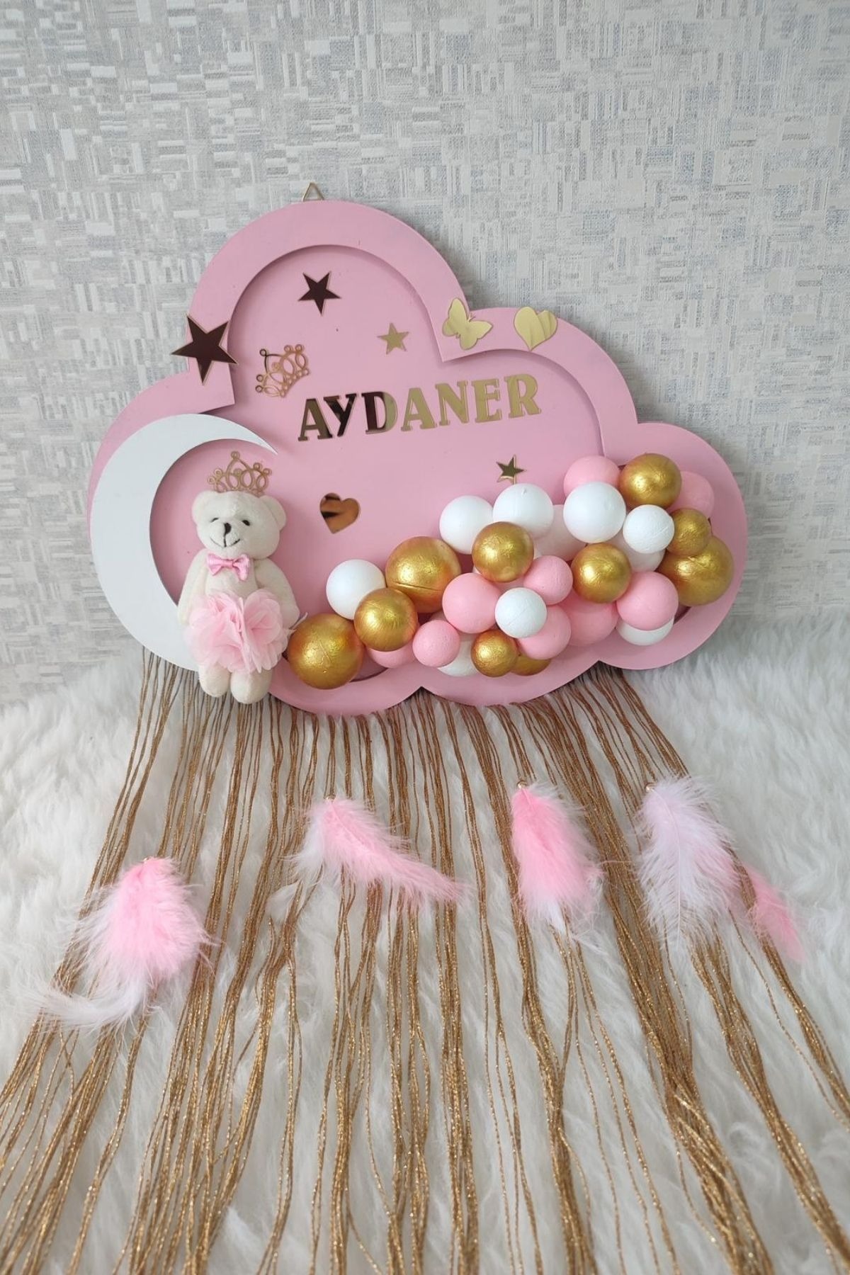  Çift İsimli Bulut Bebek Kapı Süsü LED Işıklı | Kız Bebek Pano
