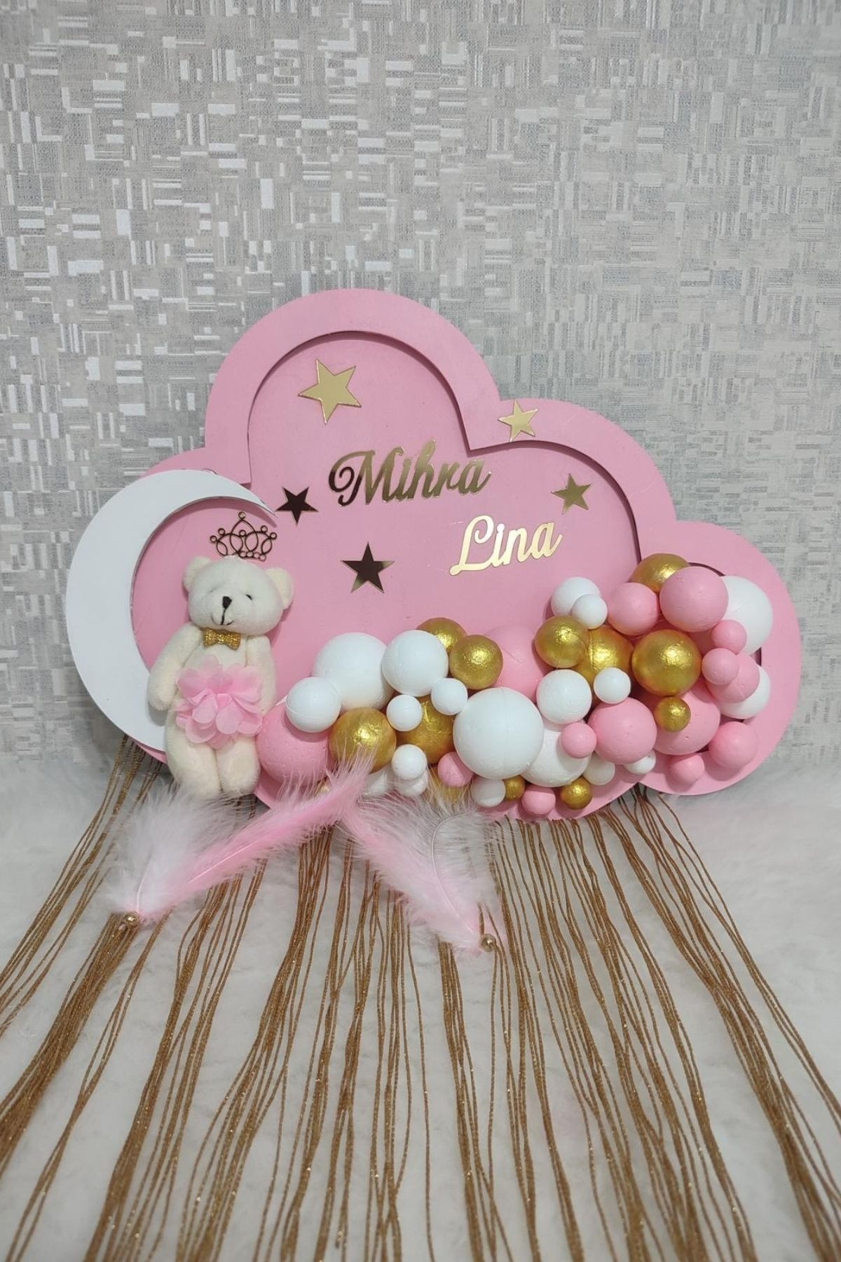  Çift İsimli Bulut Bebek Kapı Süsü LED Işıklı | Kız Bebek Pano