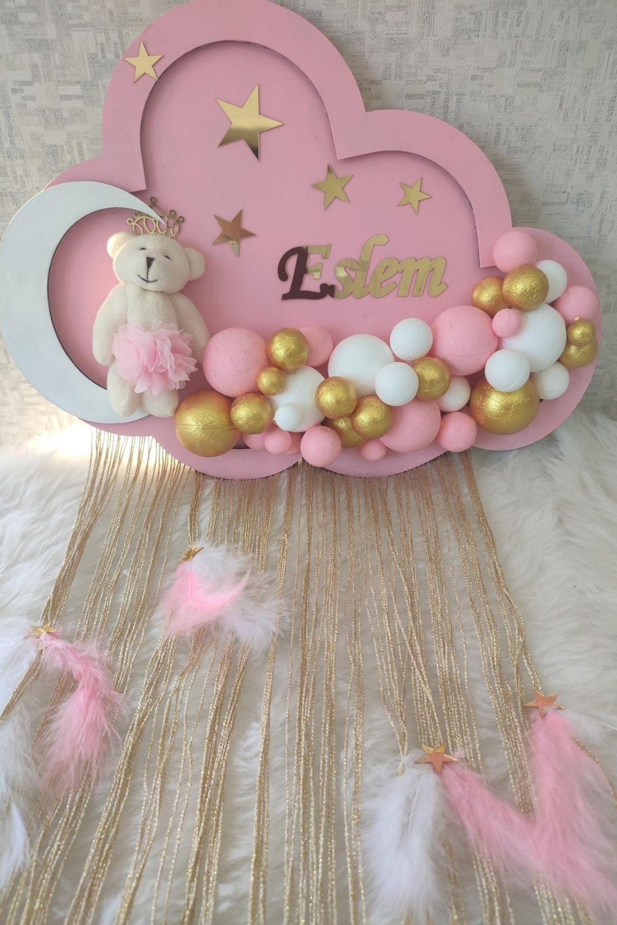  Çift İsimli Bulut Bebek Kapı Süsü LED Işıklı | Kız Bebek Pano