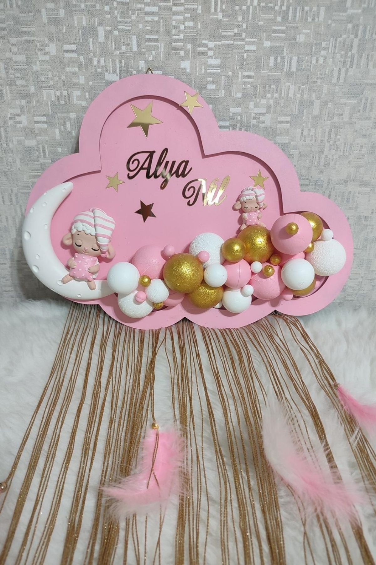 Çift İsimli Bulut Bebek Kapı Süsü LED Işıklı | Figürlü Kız Bebek Pano