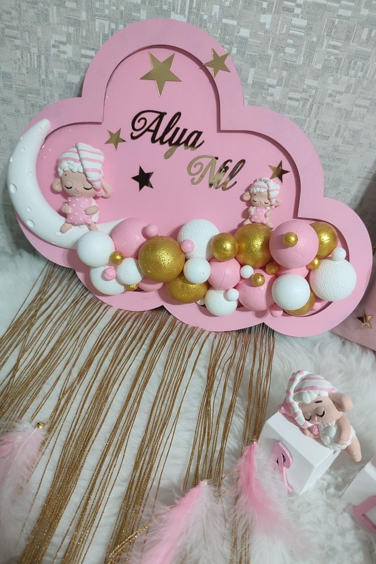 Çift İsimli Bulut Bebek Kapı Süsü LED Işıklı | Figürlü Kız Bebek Pano