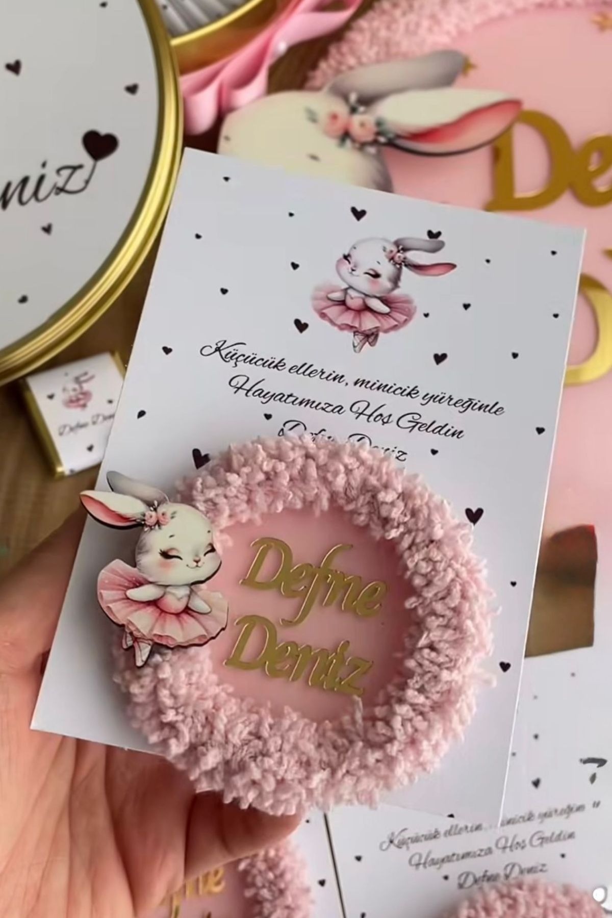 İsimli Pleksi Kapı Süsü ve Magnet Seti Tavşan Figürlü Pembe Bebek Hediyelik