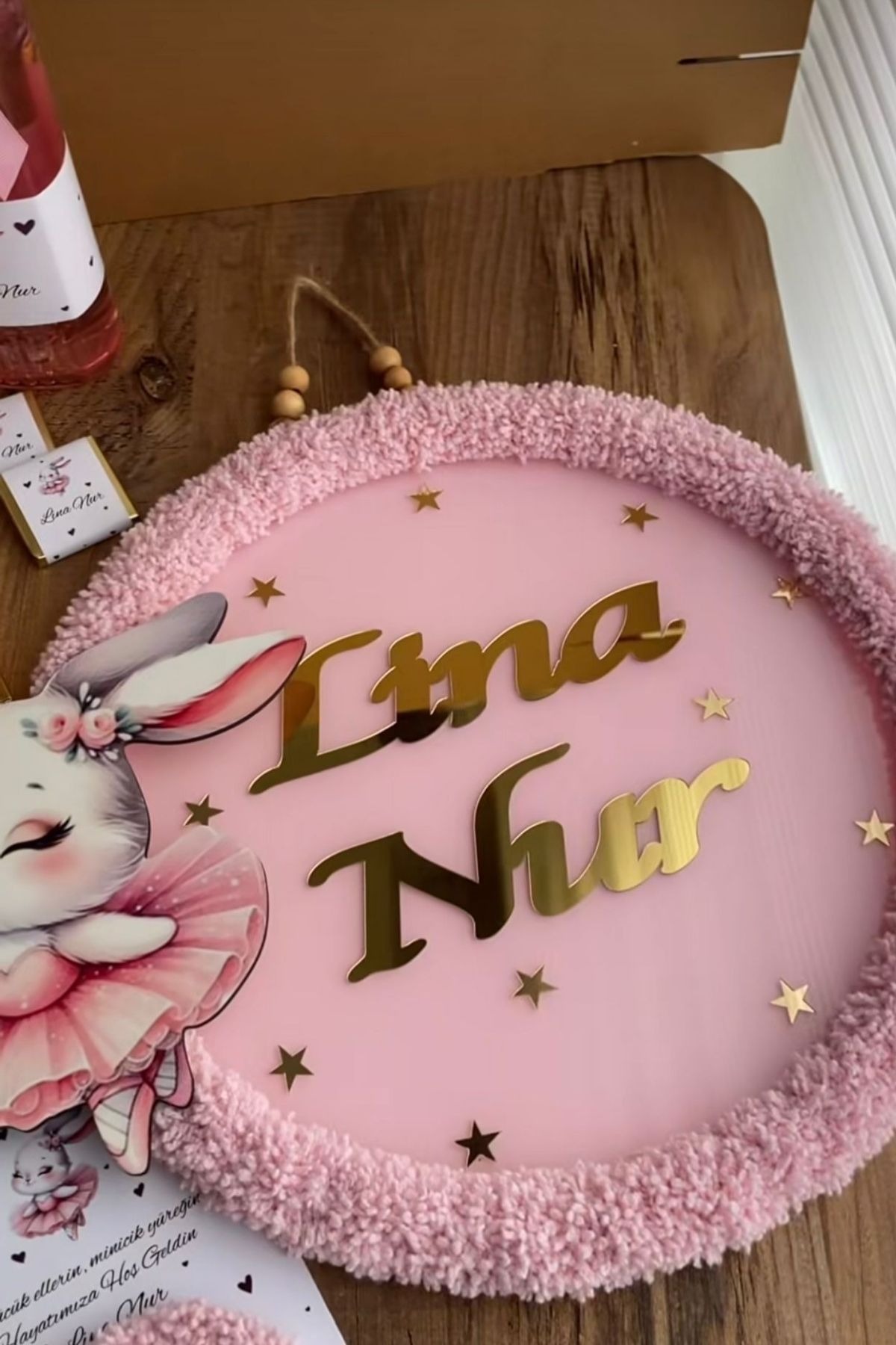 İsimli Pleksi Kapı Süsü ve Magnet Seti Tavşan Figürlü Pembe Bebek Hediyelik
