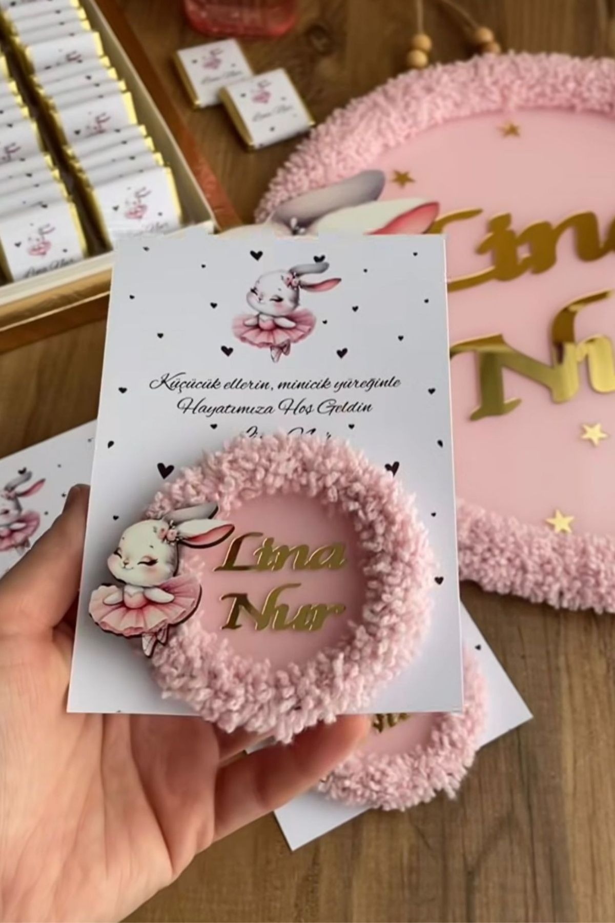 İsimli Pleksi Kapı Süsü ve Magnet Seti Tavşan Figürlü Pembe Bebek Hediyelik