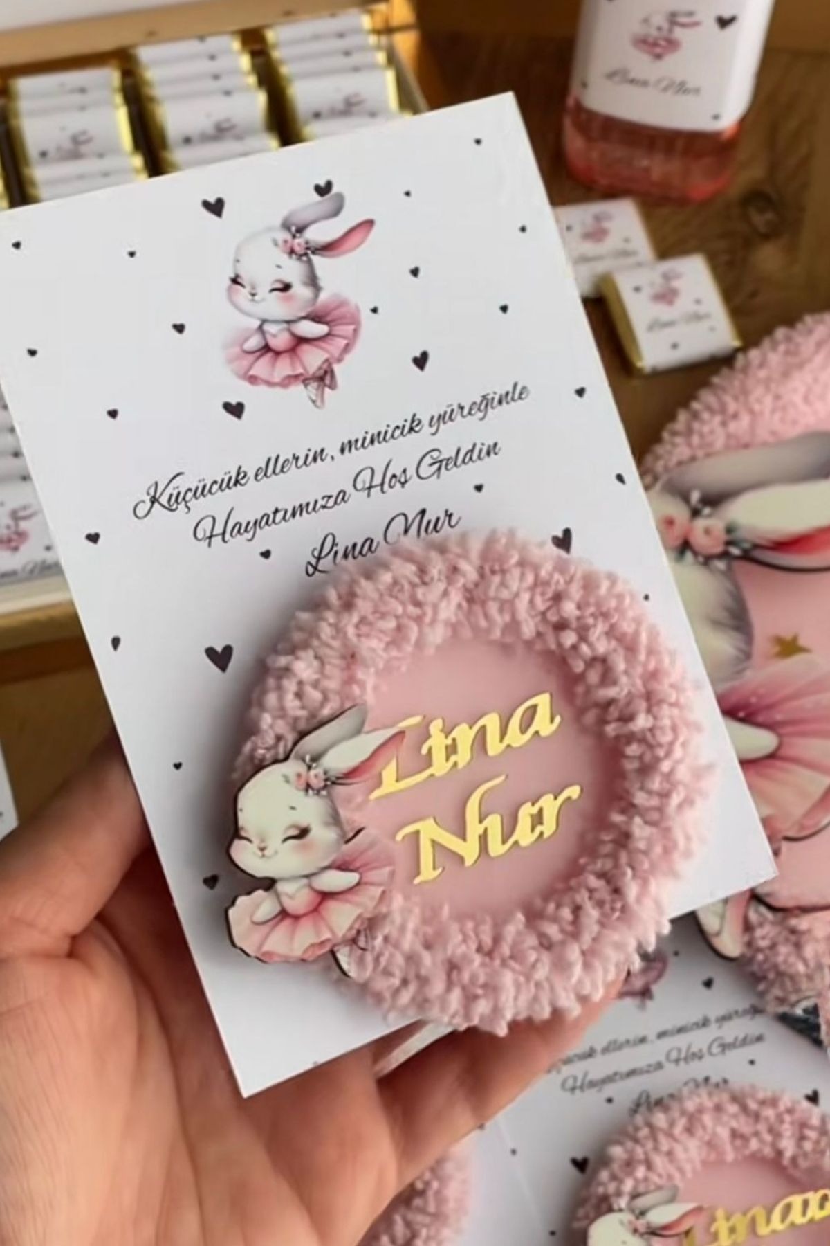 İsimli Pleksi Kapı Süsü ve Magnet Seti Tavşan Figürlü Pembe Bebek Hediyelik