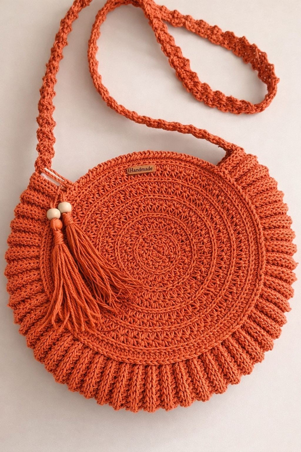 Kiremit Rengi Hasır Örgü Omuz Çantası – El Yapımı Yuvarlak Kadın Çanta