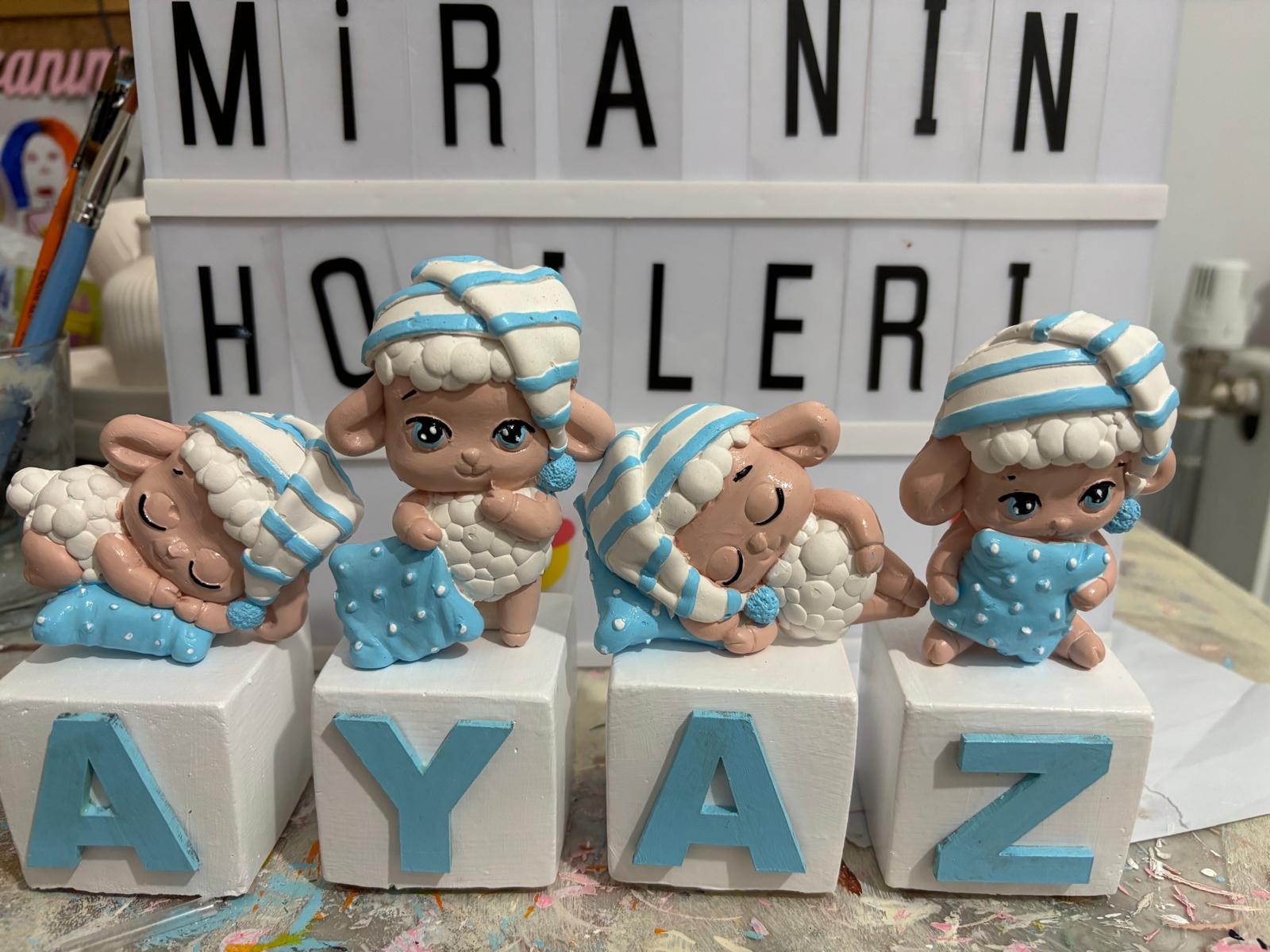  Erkek Bebek Kuzu Figür Set | Mavi Konsept Dekor 1 Adet