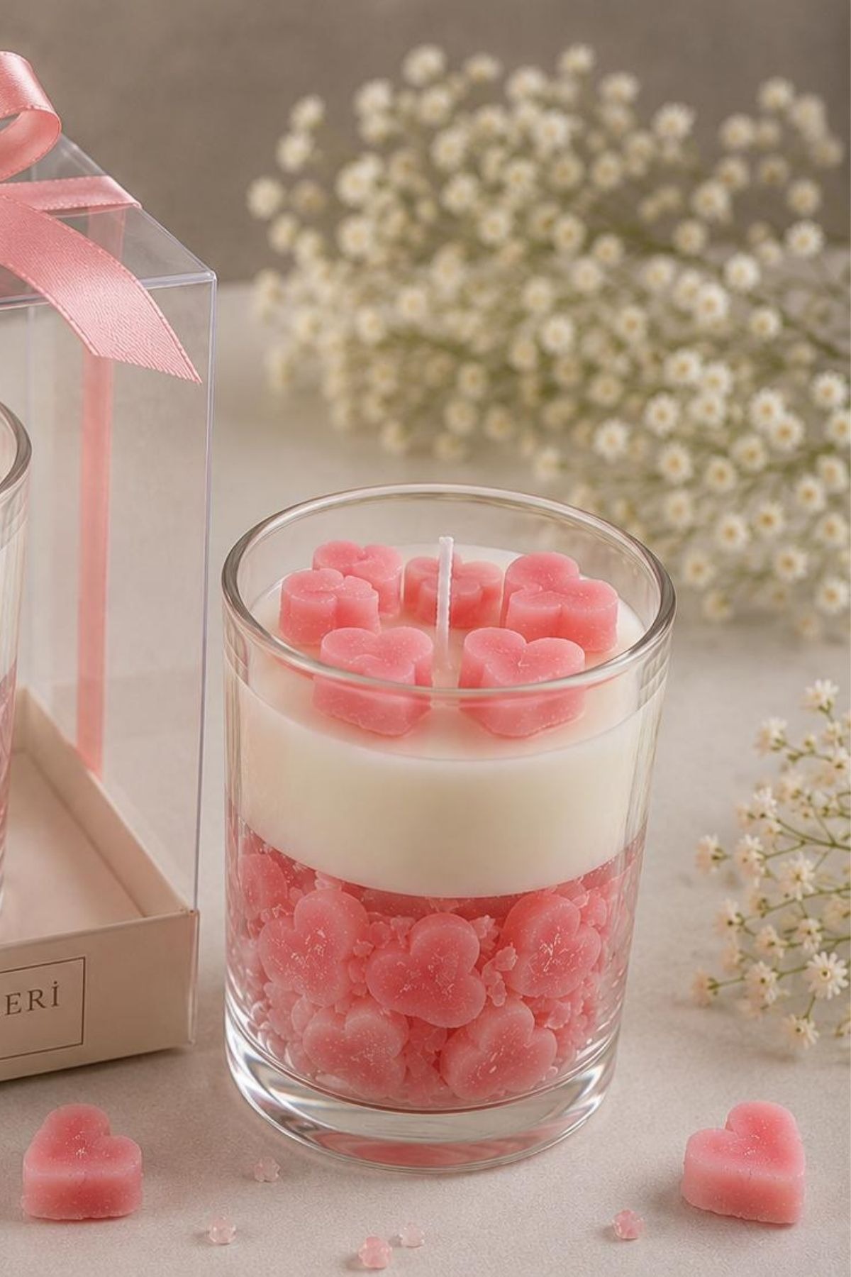 Kalpli Soya Mum Hediyelik – Kutulu Pembe Konsept Dekoratif Mum | Anneler Günü & Doğum Günü