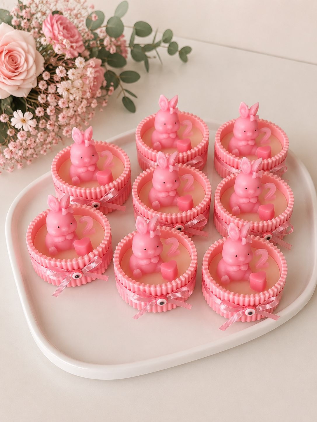 Tavşan Figürlü Pembe Soya Mum Hediyelik – Doğum Günü & Baby Shower Konsepti 20 Adet 