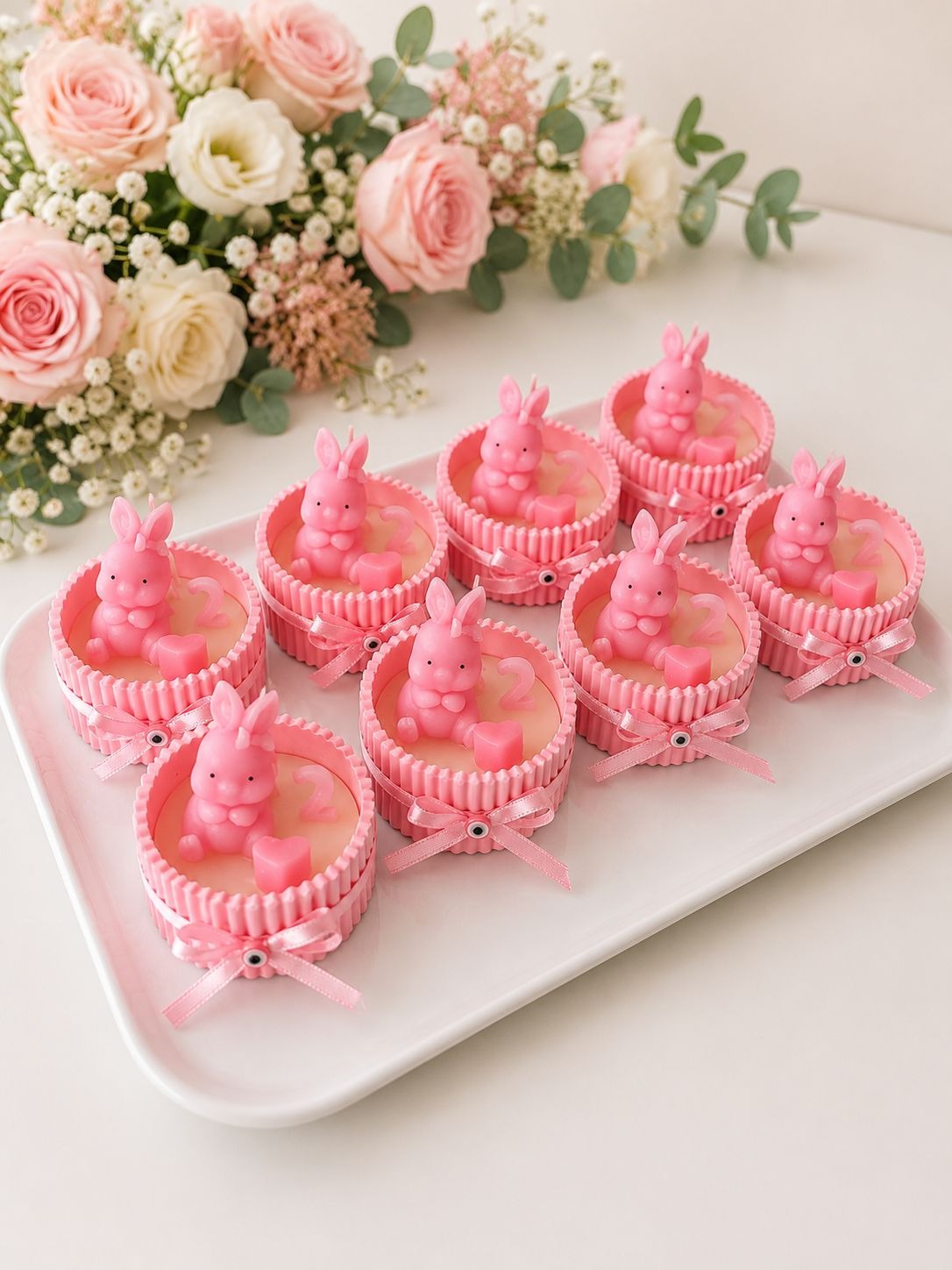 Tavşan Figürlü Pembe Soya Mum Hediyelik – Doğum Günü & Baby Shower Konsepti 20 Adet 