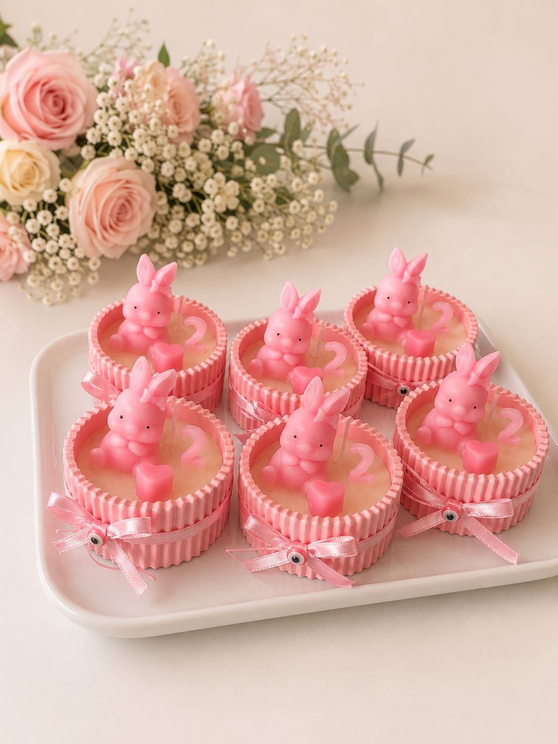 Tavşan Figürlü Pembe Soya Mum Hediyelik – Doğum Günü & Baby Shower Konsepti 20 Adet 