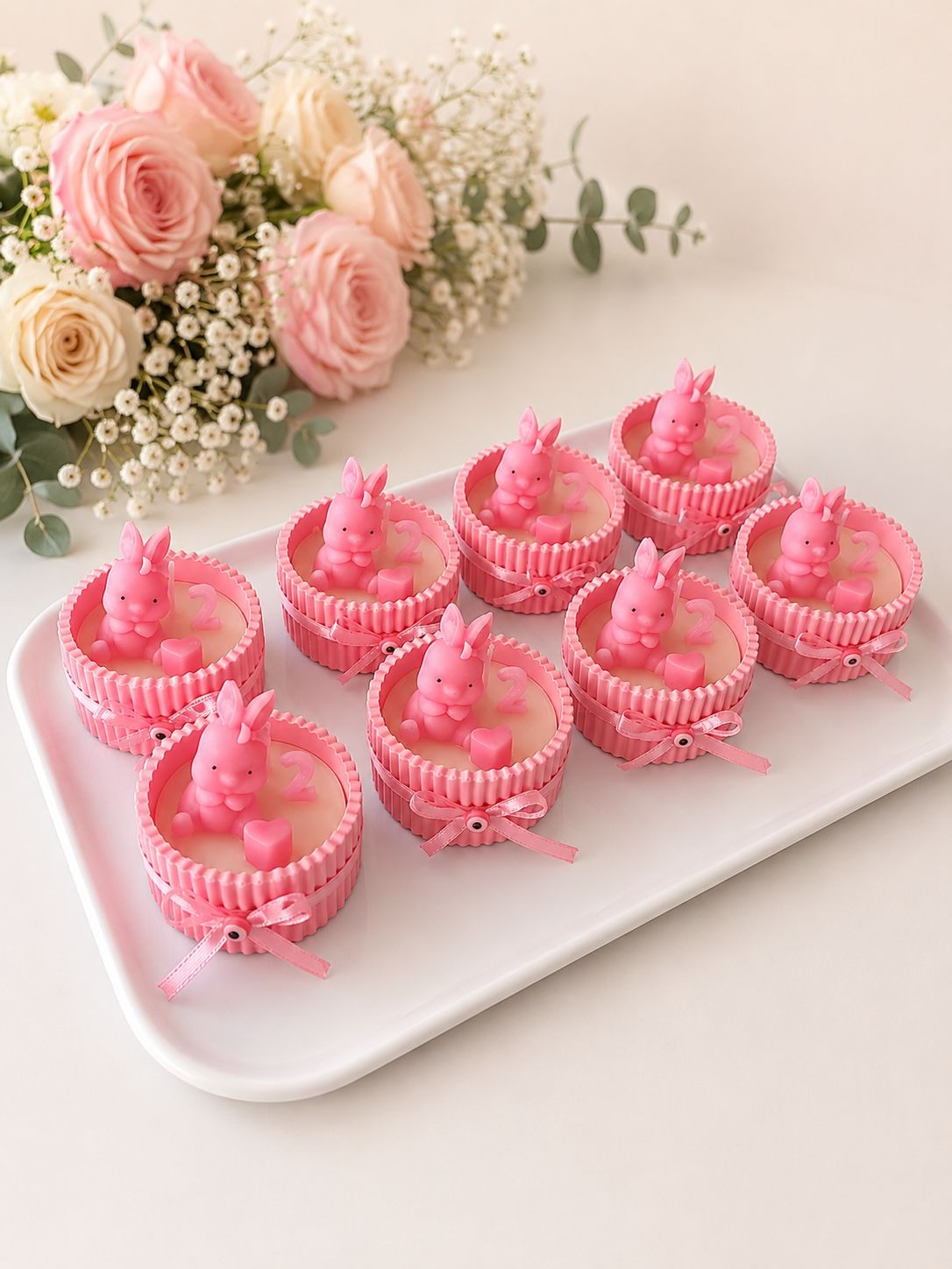 Tavşan Figürlü Pembe Soya Mum Hediyelik – Doğum Günü & Baby Shower Konsepti 20 Adet 