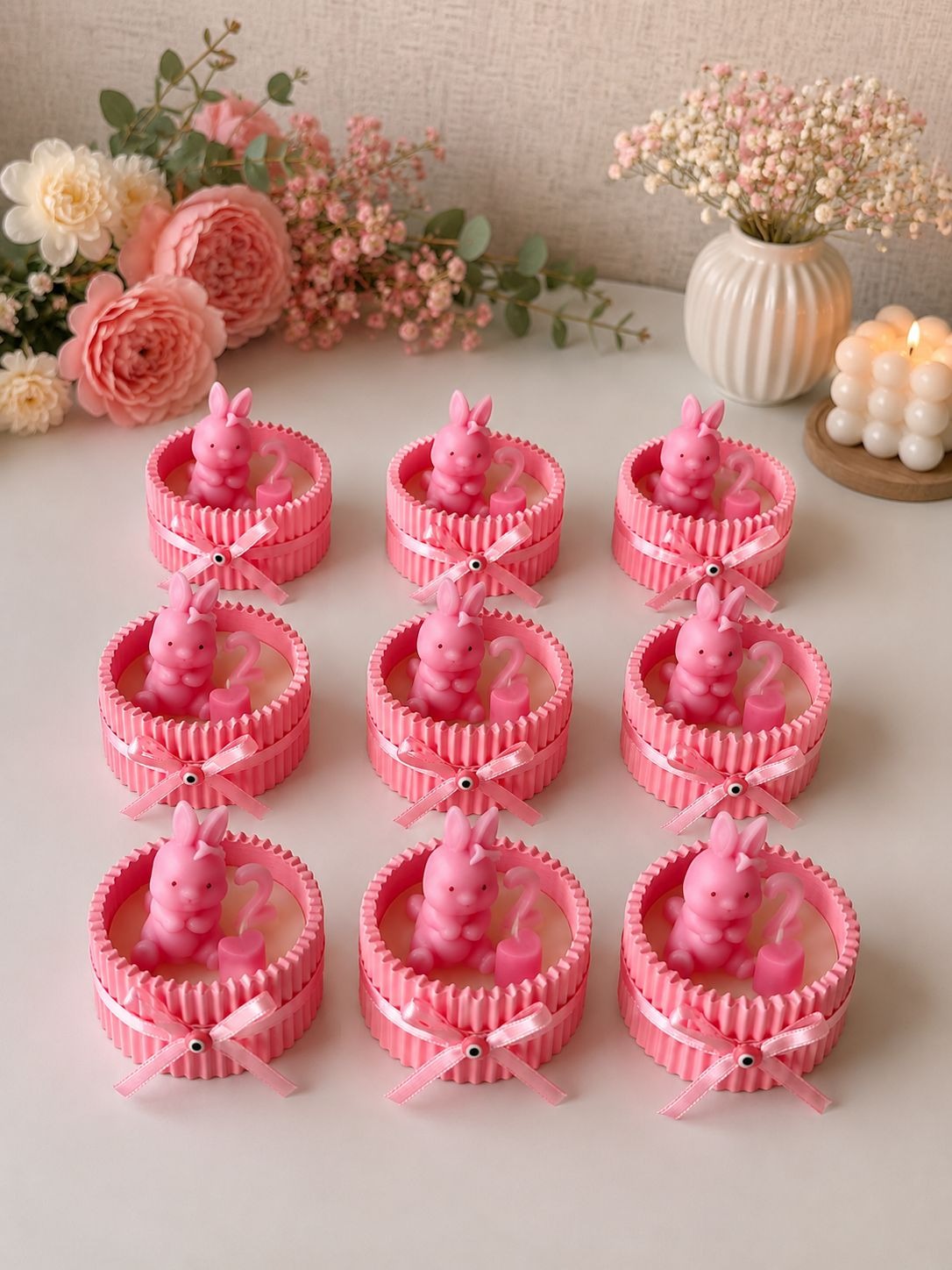 Tavşan Figürlü Pembe Soya Mum Hediyelik – Doğum Günü & Baby Shower Konsepti 20 Adet 