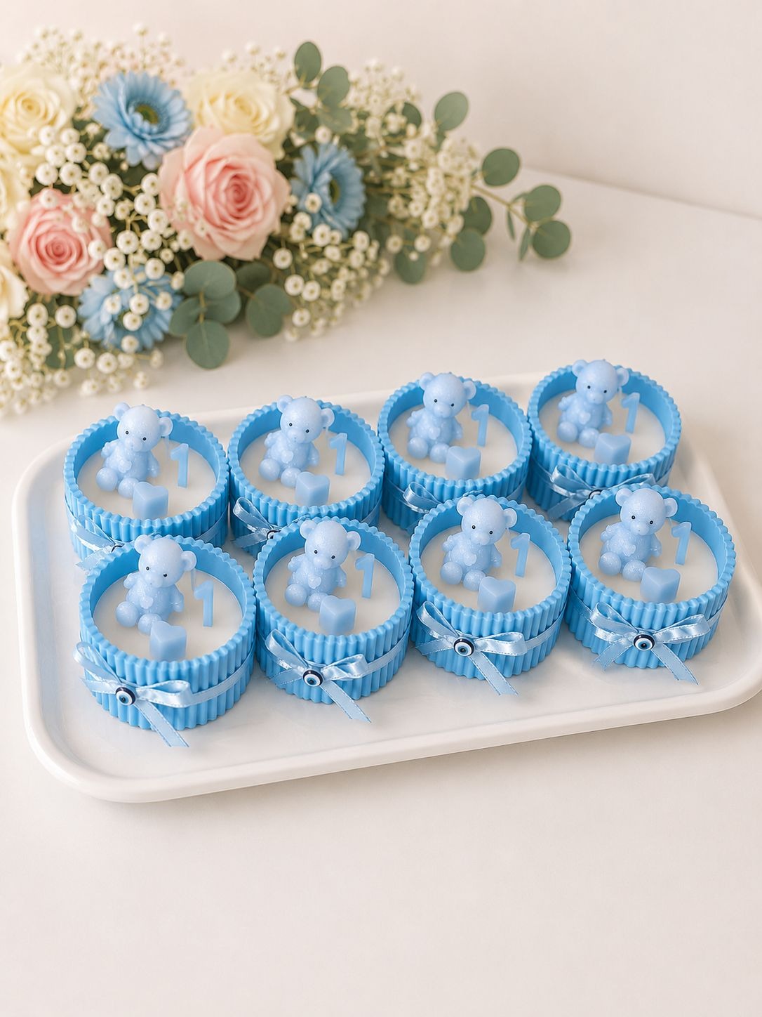 20 Adet Ayıcıklı Mavi Soya Mum Hediyelik – Erkek Bebek Doğum Günü & Baby Shower Konsepti