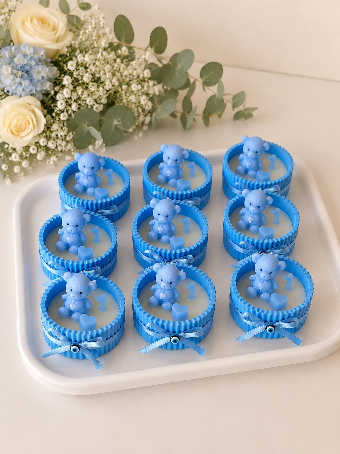20 Adet Ayıcıklı Mavi Soya Mum Hediyelik – Erkek Bebek Doğum Günü & Baby Shower Konsepti