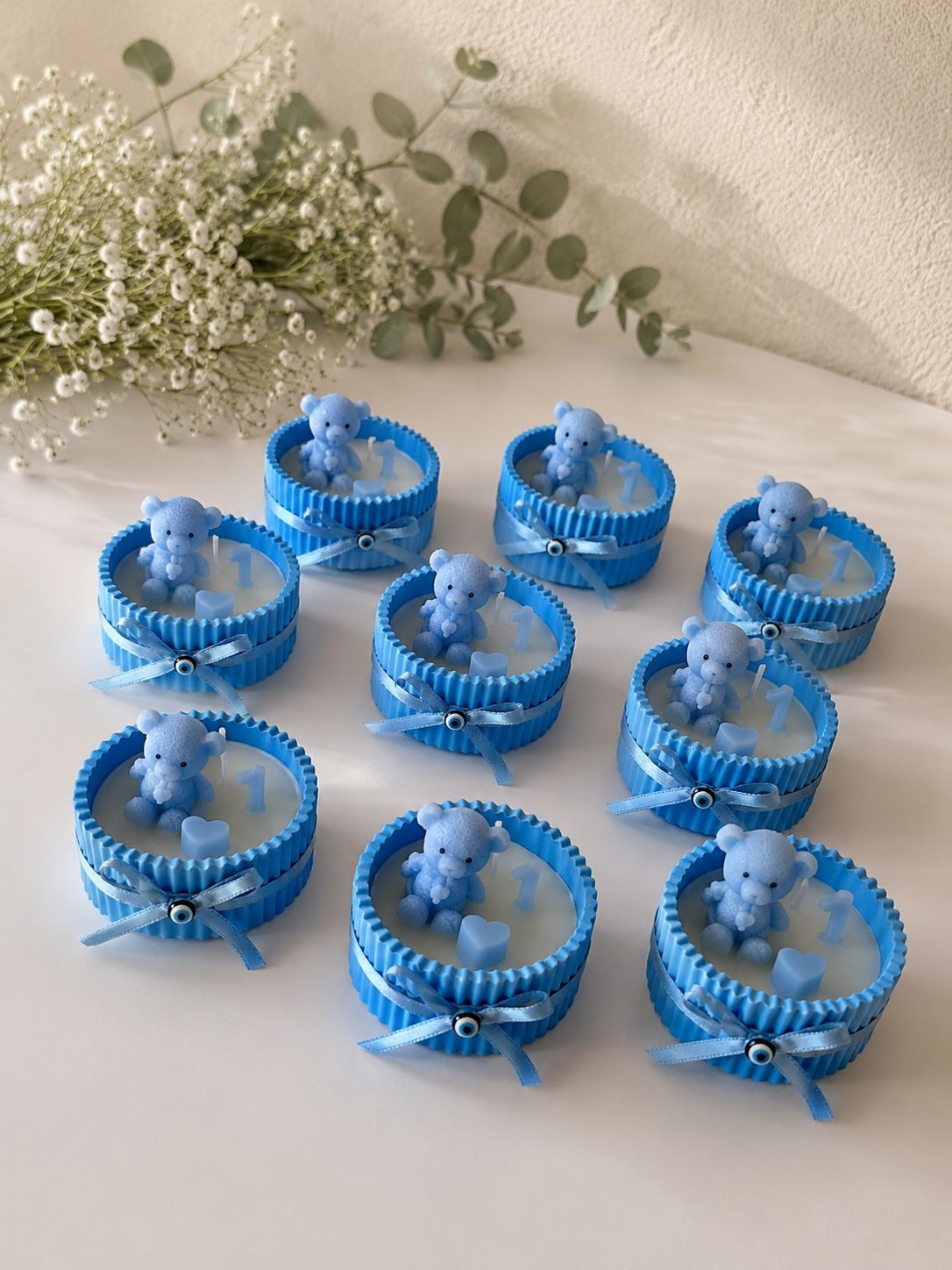 20 Adet Ayıcıklı Mavi Soya Mum Hediyelik – Erkek Bebek Doğum Günü & Baby Shower Konsepti