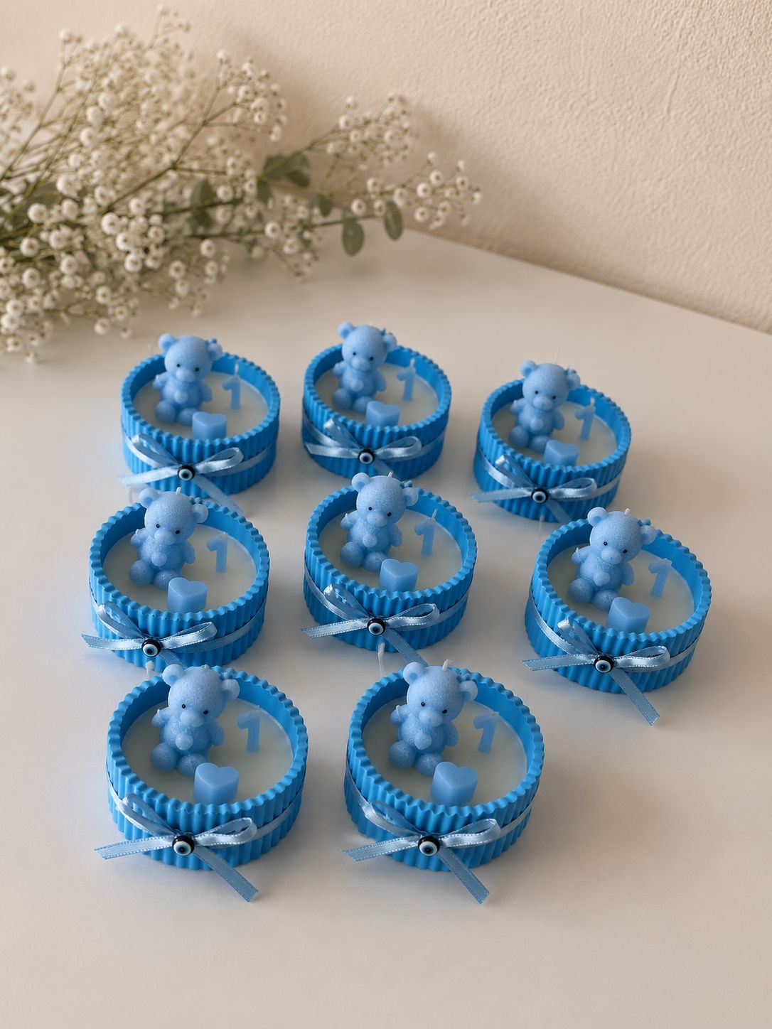 20 Adet Ayıcıklı Mavi Soya Mum Hediyelik – Erkek Bebek Doğum Günü & Baby Shower Konsepti
