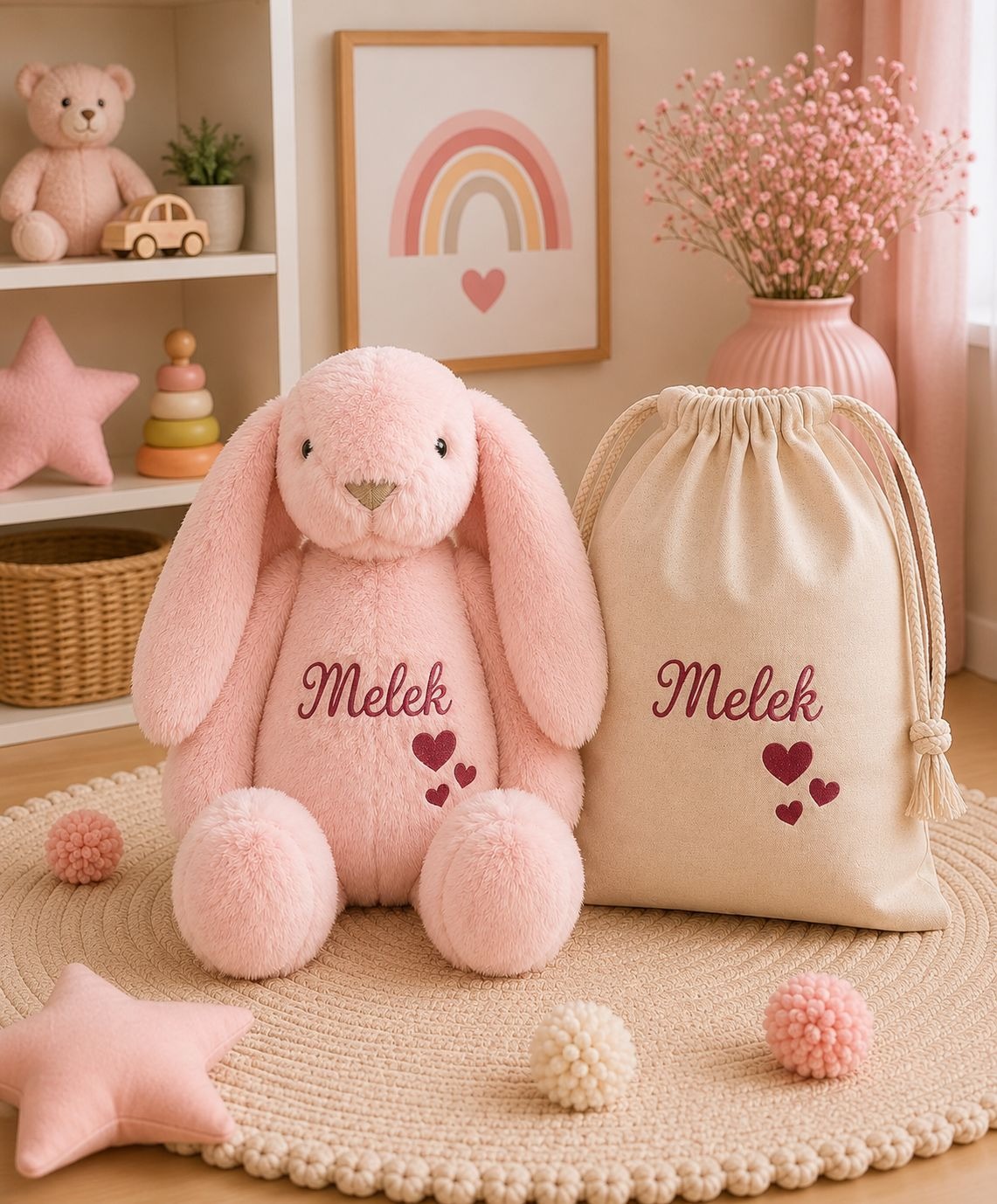 İsimli Uyku Arkadaşı Peluş Tavşan – Bez Taşıma Keseli Hediye Seti