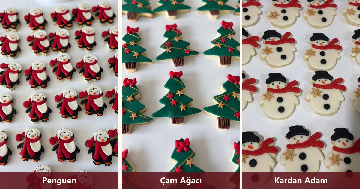 Penguen, çam ağacı ve kardan adam figürlü şeker hamurlu yılbaşı kurabiyeleri